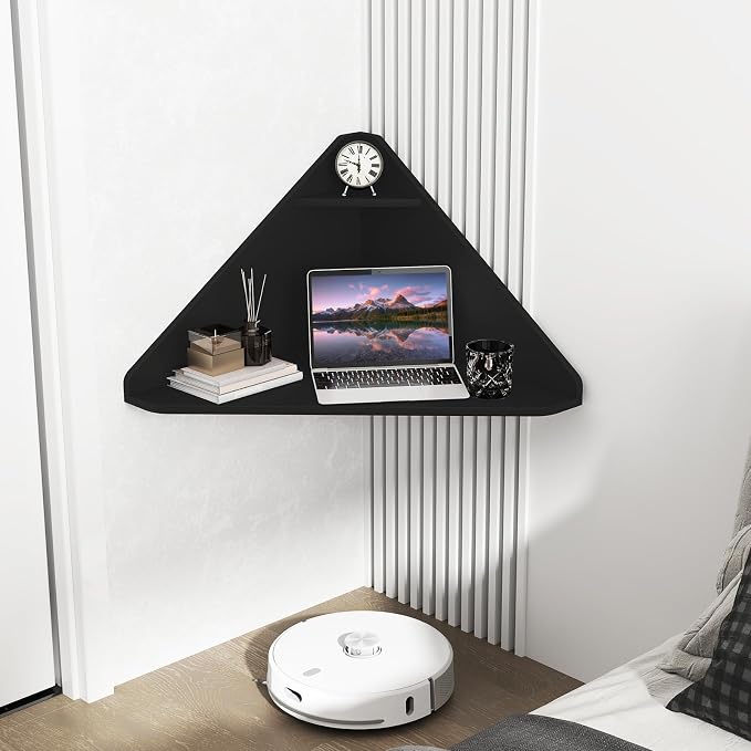 GOFLAME Floating Corner Desk, Wall Mounted Triangular Computer Desk w/Storage Shelf, Space-Saving Design, 90° Wooden Floating Home Office Desk for Writing, Working, Studying (Black)