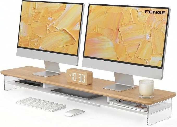 Fenge 42.5" Dual Monitor Stand with Clear Acrylic Legs, Dark Oak | Clear Acrylic, Storage Compartment, 2-tier Home Office Monitor Riser, Wide Large Desktop Shelf Fit Monitor/Laptop/Printer