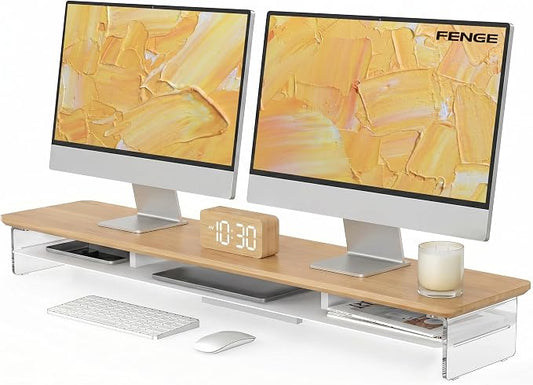 Fenge 42.5" Dual Monitor Stand with Clear Acrylic Legs, Dark Oak | Clear Acrylic, Storage Compartment, 2-tier Home Office Monitor Riser, Wide Large Desktop Shelf Fit Monitor/Laptop/Printer