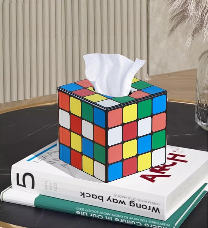 Tissue Box Holder Leather Square Facial Tissue Box Cover Pumping Paper Case Dispenser, Magic Cube Napkin Holder for Bathroom Vanity Countertops, Bedroom Dressers, Night Stands, Desks and Tables
