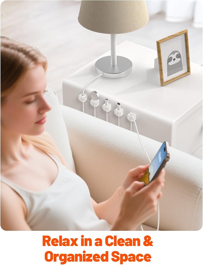 Cable Clips,12Pack Cord Holder Cord Organizer [1s Lock & Strongest Adhesive] Spring Cord Clips Phone Charger Wire Desk Cable Management Nightstand Home Office School Decor Women Cute Desk White