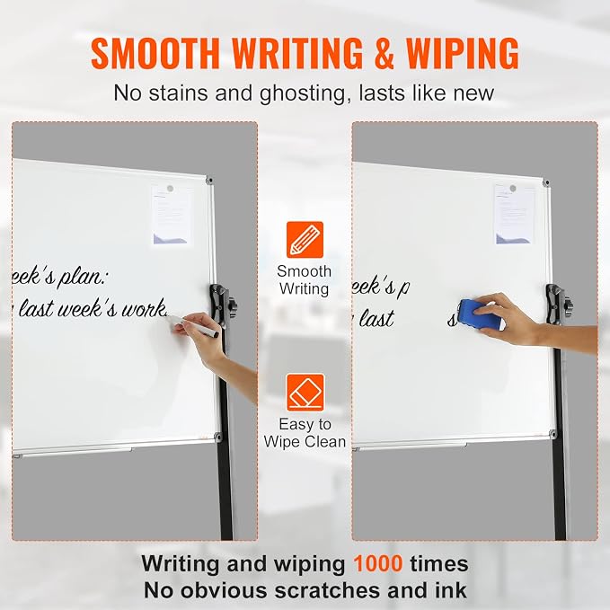 VEVOR Rolling Magnetic Whiteboard, Double-Sided Mobile Whiteboard 36x24 Inches, 360° Reversible Adjustable Height Dry Erase Board with Wheels & Movable Tray for Office, School