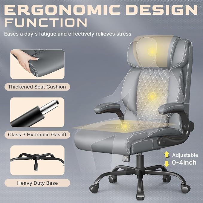 Office Chair-Executive High Back Breathable Big and Tall Office Chair Flip-up Armrests Lumbar Support-Ergonomic Leather Rolling Swivel Chair with Rock Function for Working Studying Gaming,Gray