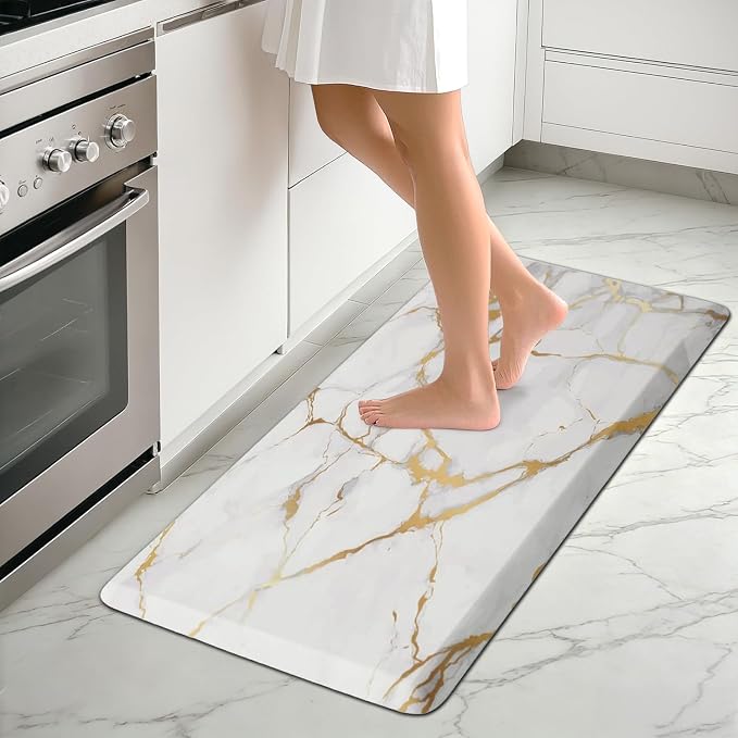 MAYHMYO Kitchen Mats Cushioned Anti Fatigue 0.47" Thick, White and Gold Marble Kitchen Rug Floor Mat, Non Slip Waterproof Modern Comfort Standing Mat for Home, Office, Sink