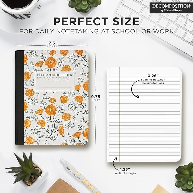 Decomposition California Poppies College Ruled Composition Notebook - 9.75 x 7.5 Journal with 160 Lined Pages - Cute Notebooks for School Supplies, Home & Office - 100% Recycled Paper - Made in USA