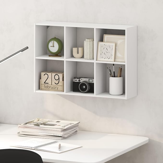 Furinno Rossi 6-Cube Floating Shelves for Wall, Wall Mount Organizer, Desktop Organizer, Bookshelf, for Home Office, Study Room, White