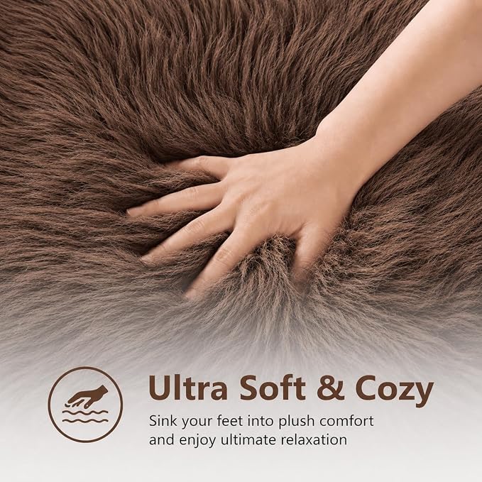 EasyJoy Faux Sheepskin Rug, Fluffy Faux Fur Rug, Ultra Soft Shag Area Rug with Non-Slip Backing for Bedroom, Living Room, Nursery, Kids Room(4 x 4 ft Round, Coffee)
