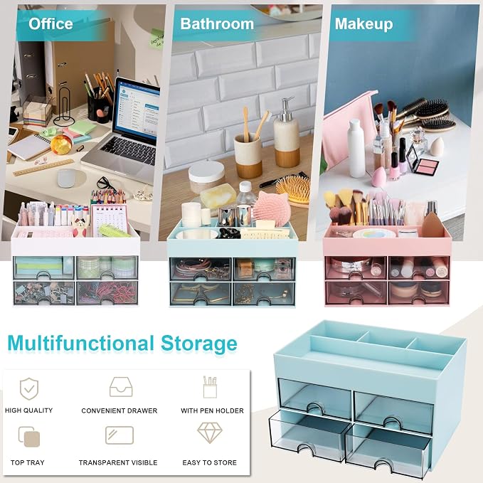 Meiikun Desk Organizer, Office Organizer with Drawer, Desk Accessories & Workspace Organizers, Pen Holder Office Supplies for Desk (4 Drawers+4 Compartments, Blue)
