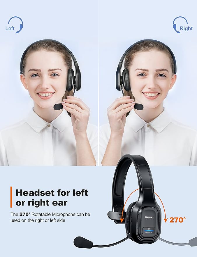 TECKNET Trucker Bluetooth Headset, Trucker Bluetooth Headphones with Microphone AI Noise Canceling Wireless On Ear Headset, Hands Free Wireless Headset for Cell Phone Computer Office Home bright black