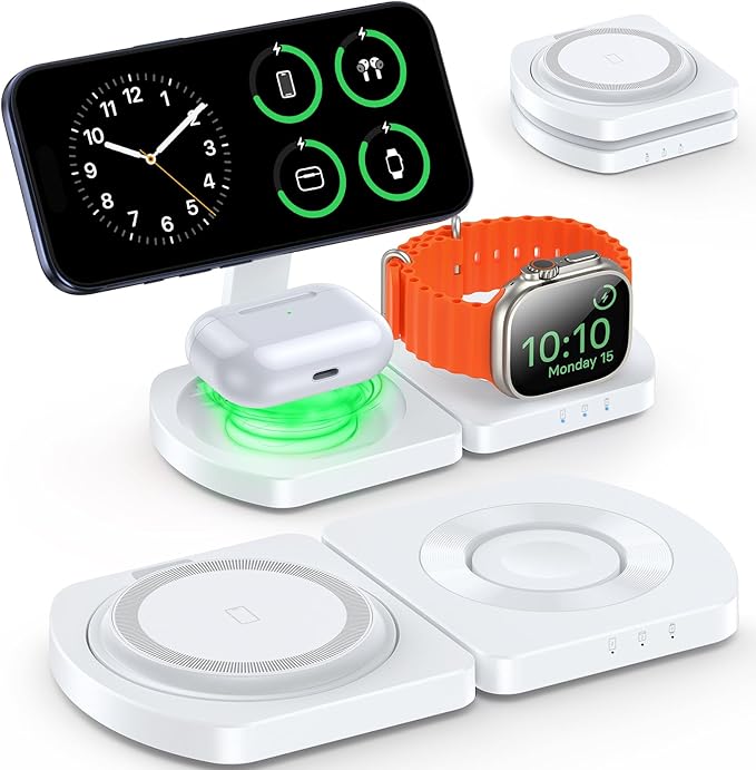 EGV Wireless Charger for iPhone, 3-in-1 Magnetic Charging Station for Apple, MagSafe Charger Stand for iPhone 17 Air 16 15 14 13 12 Series, Airpods Pro, Apple Watch Ultra, Foldable, No Adapter, White