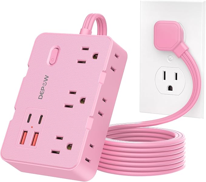 DEPOW Pink Power Strip, 5FT Extension Cord with 6 AC Outlets（1625W/13A 4 USB Ports (2 USB C), 1050J Surge Protector, Flat Plug Wall Mountable Charging Station for Dorm Room Desk Bedroom Kawaii Decor