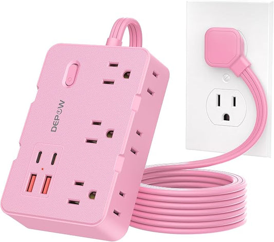 DEPOW Pink Power Strip, 5FT Extension Cord with 6 AC Outlets（1625W/13A 4 USB Ports (2 USB C), 1050J Surge Protector, Flat Plug Wall Mountable Charging Station for Dorm Room Desk Bedroom Kawaii Decor