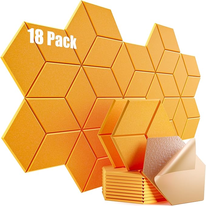 18 Pack Self-adhesive Acoustic Panels 12" X 10" X 0.4" -Sound Proof Foam Panels for wall with High Density, Y-Lined Design, Flame Resistant, Absorb Noise and Eliminate Echoe(Orange Yellow)
