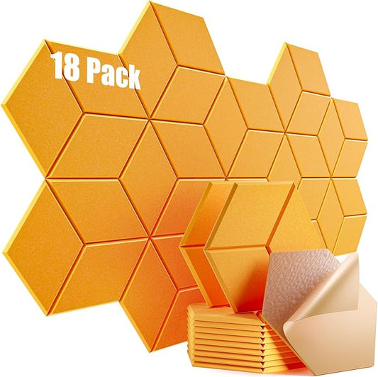18 Pack Self-adhesive Acoustic Panels 12" X 10" X 0.4" -Sound Proof Foam Panels for wall with High Density, Y-Lined Design, Flame Resistant, Absorb Noise and Eliminate Echoe(Orange Yellow)