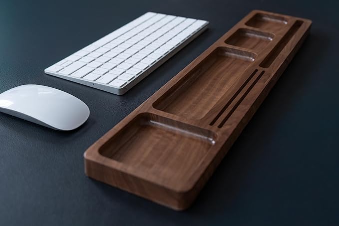 Walnut Wood Office Desk Tray Organizer, Multi-Compartment Storage Solution, Supply Organization Caddy, Tabletop Home Workspace