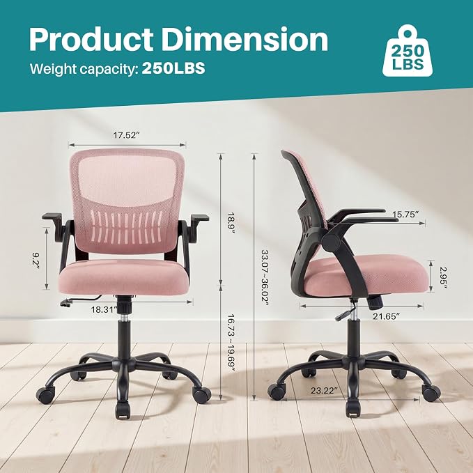 OLIXIS Ergonomic Office Desk Chair, Executive Mid-Back Computer Chair with Comfortable Lumbar Support & Rocking Mode, Height Adjustable with Flip-up Armrest, 360° Swivel, for Adults, Pink