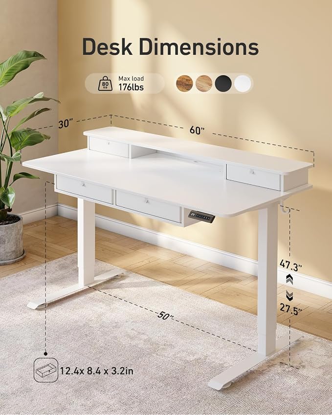 CubiCubi 60" x 30" Standing Desk with Drawers, Height Adjustable Electric Workstation, Computer Sit Stand Up Table with Large Storage Shelf 4 Drawers and 2 Hooks, White