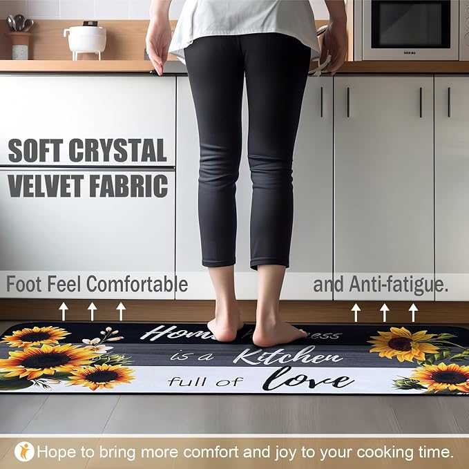 Voanos Sunflower Kitchen Rugs,Non Skid Washable Microfiber mats for Kitchen Floor, Black White Kitchen Cushioned Runner Rug Decor Sets of 2,Size 17"x 47"+17"x 30"