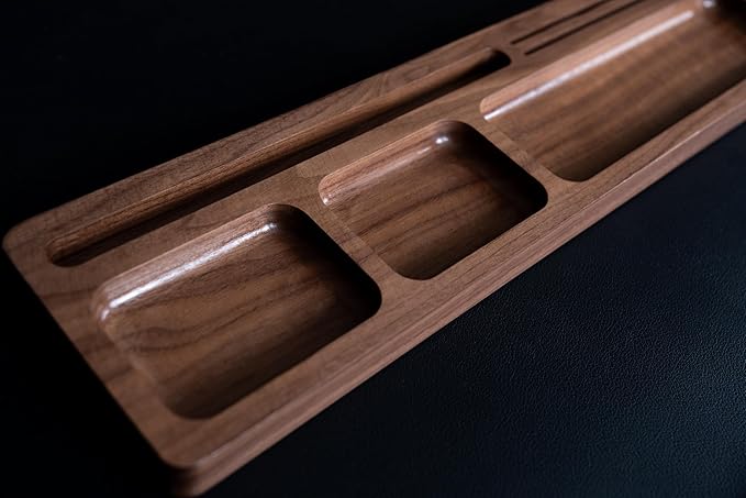 Walnut Wood Office Desk Tray Organizer, Multi-Compartment Storage Solution, Supply Organization Caddy, Tabletop Home Workspace