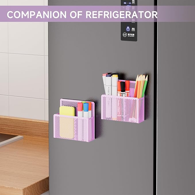 Marbrasse Magnetic Dry Erase Marker Holder, Mesh Pen Holder for Whiteboard，Magnet Pencil Organizer Storage for Refrigerator Locker Accessories Organizer for Home, School and Office(Purple)