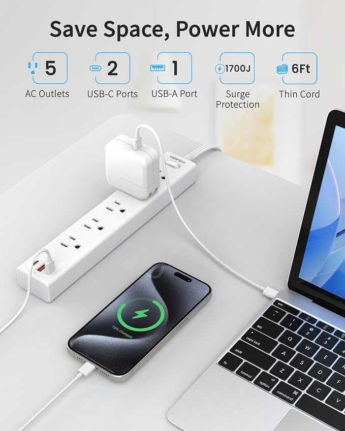 HOPOW Flat Plug Power Strip, 6 Ft Ultra Thin Flat Extension Cord, Surge Protector with 5 Outlets & 3 USB Ports (2 USB C), 1700 Joules, Wall Mount, Desktop Charging Station for Home Office Dorm, White
