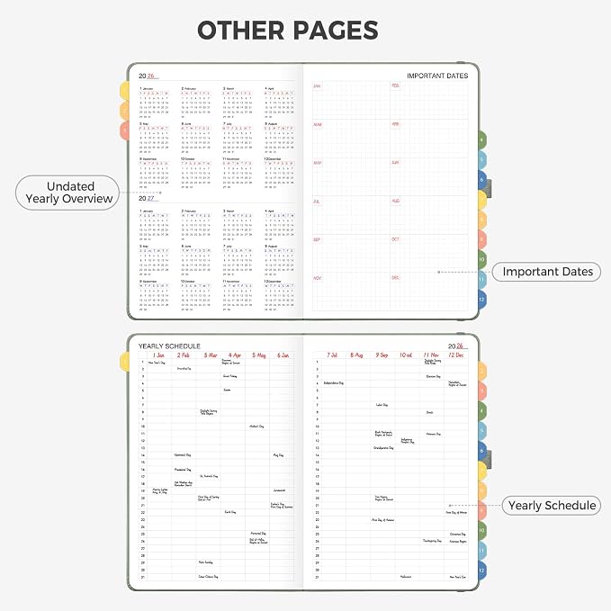 Undated Appointment Book, Hourly, Daily, 52 Weekly & 12 Monthly Planner, 6 AM - 8 PM, Medium Size (5.7" x 8.3"), Leather Hardcover, 12 Self-adhesive Monthly Tabs (Light Green)