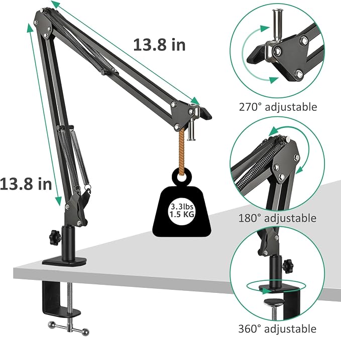AT2020 Mic Stand, Adjustable Mic Boom Arm with Shock Mount, Foam Windscreen and Cable Ties, for AT2020 AT2020USB AT2020USB+ AT2035