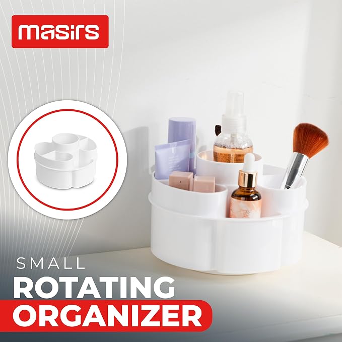 Masirs Small 360 Rotating Makeup Organizer, 5 Compartments, Round White | Small 360 Rotating Makeup Organizer, 5 Compartments, Acrylic Mini Lazy Susan, Vanity Bathroom Counter, Round White