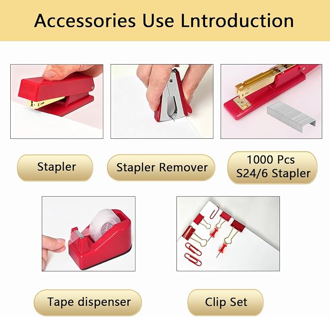 Office Supplies,Red Desk Accessories,Office Supplies Set,Stapler and Tape Dispenser Set,Scissors,Staple Remover,Binder Clips,Staples,Ballpoint Pen,Index Tabs with Ruler,Clear Tape.9pcs for Office
