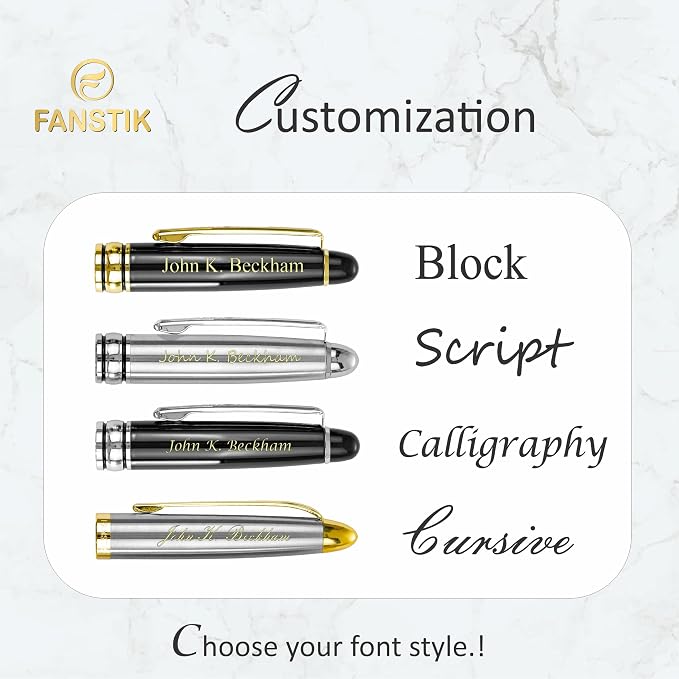 FANSTIK, Customized Fountain pen with name (MADE IN USA), stainless steel, black and gold, luxury engraved pen personalized for men and for women. (Fountain Black-Gold)