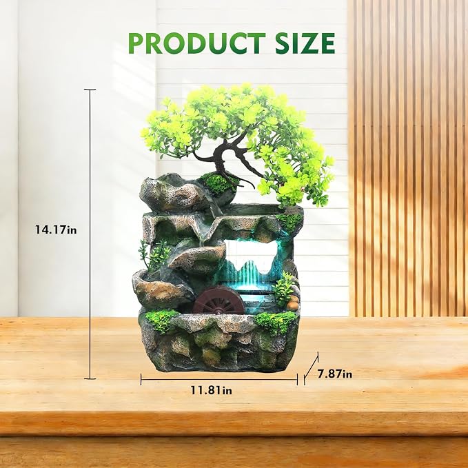 Tabletop Waterfall Fountain with Flowing Water & LED Lights – Indoor Resin Rockery Desk Fountain for Home, Office, Bedroom Relaxation & Decoration, Mini Desktop Water Featur