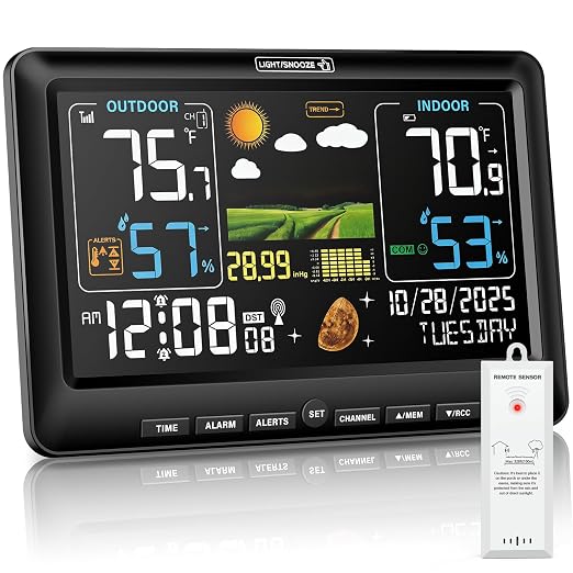 BluSon Weather Station Wireless Indoor Outdoor Thermometer, Atomic Clock | Color Display Digital Temperature Humidity Monitor with Weather Forecast, Adjustable Backlight, Barometer for Home, Black