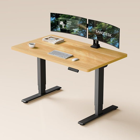 SANODESK Dual Motor Standing Desk 220lbs Height Adjustable Desk | 48"x30" Spacious One-Piece Maple Desktop & Black Frame, 4 Memory Presets, 3-Stage Legs, 220lbs, 2-Box for Home & Office