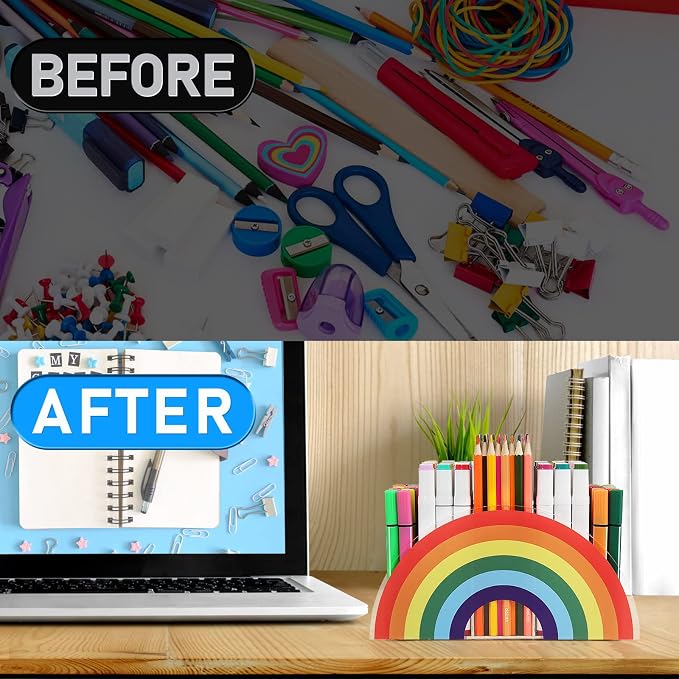 Acrylic Pen Pencil Holder Clear Desk Organizer, Rainbow Home Office Desk Pen Storage Stand, Corner Desktop Stationery Organizer for Women Kids Students School Art Supplies