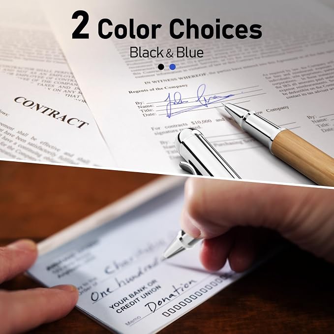 WEMATE Luxury Rollerball Pen Set, Extra 2 Ink Refills(1 Black & 1 Blue), Fancy Writing Pen Nice Office Gift for Men, Professional, Executive, Cool Wooden Pen for Journaling - White Oak