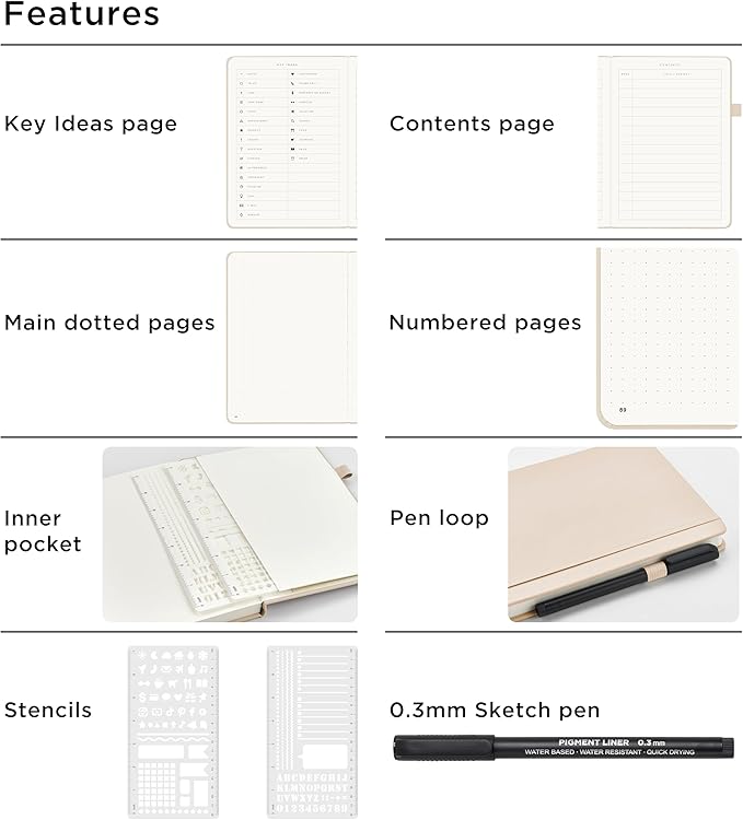 &And Per Se A5 Hardcover Dotted Notebook Kit for Beginners – 176 Numbered Pages, 100gsm Thick Paper, Includes Stencils & Fineliner Pen | Leather Bullet Journal with Templates, Lay Flat Design, Premium Gift for Women Men (Light Apricot)