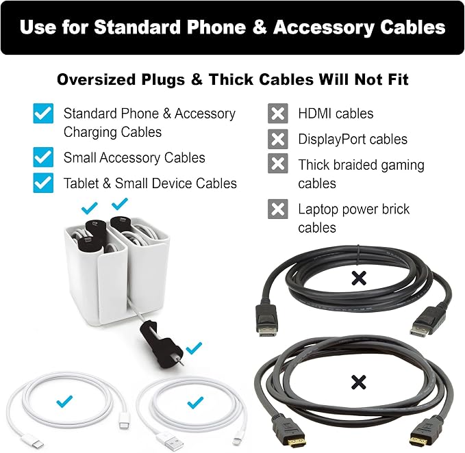 Cable Organizer with Multiple Compartments, Secure Cable Ends, Prevent Tangling, Tidy Workspace, Charging Solution, Desk Organizer Cord Management, White Plastic