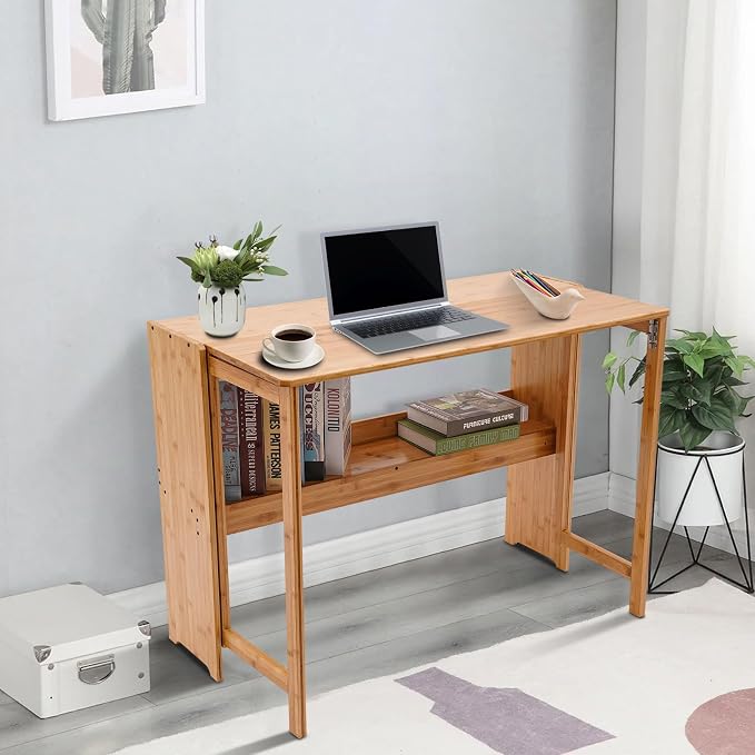 Folding Computer Desk with Bookshelf Bamboo Portable Foldable Table for Writing, Studying, Gaming Folding Desk for Student Office