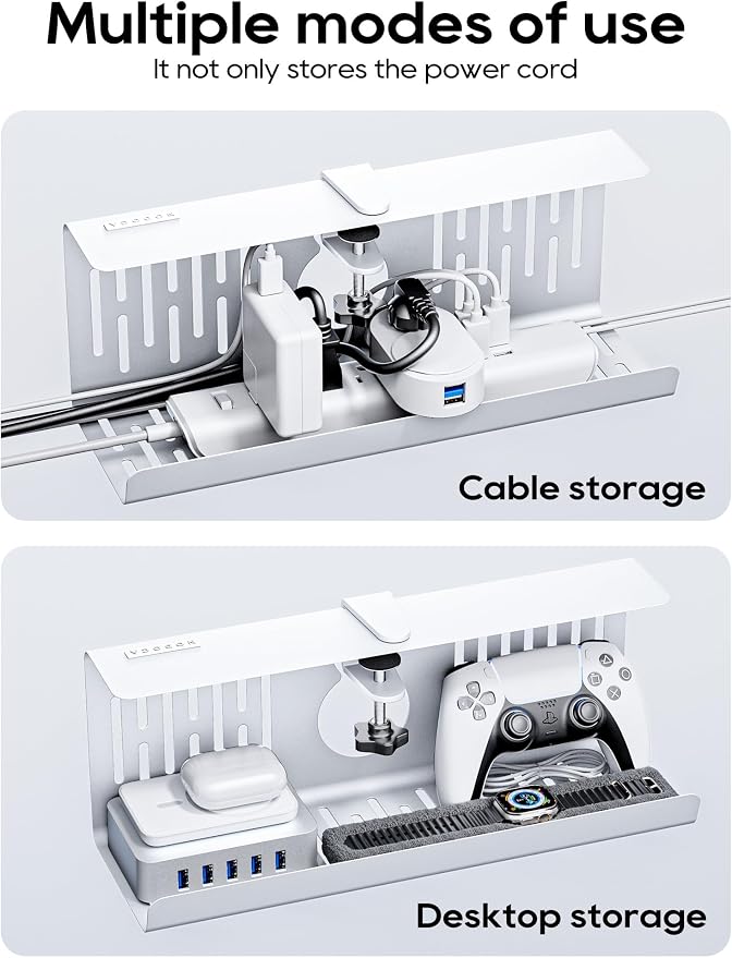 NODOCA No Drill Under Desk Cable Management Tray, 14'' Wire Management, Punch-Free Clamp on, Metal Cable Tray, Wire Organizer Under Desk, Under Desk Basket for Office and Home, White(2 Packs)
