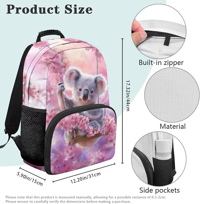Cute Koala Backpack for Elementary School Girls, Cherry Blossoms 17 Inch School Bag with Insulated Lunch Bag,Cute Bookbag 4 PCS Set for Kids Ages 6-8 Back to School