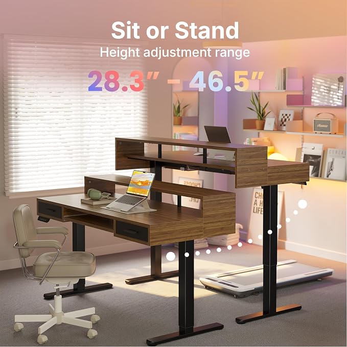 HUANUO 63″ x 26″ Electric Standing Desk with 2 Drawers &24.4″ Large Keyboard Tray, C-Clamp Mount Compatible, Adjustable Computer Desk for Office, Sit Stand Up Desk with 4 Height Presets, Deep Walnut