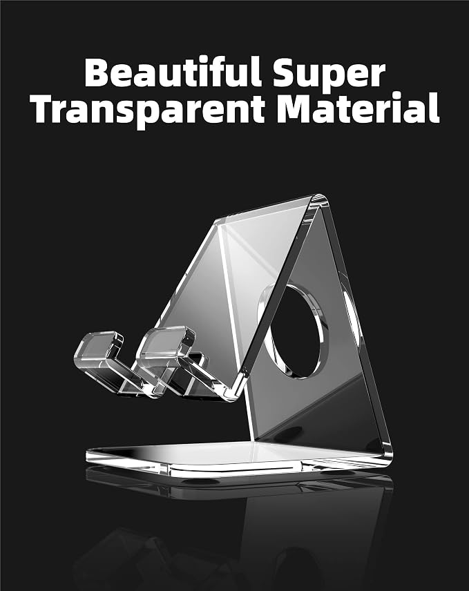 Acrylic Cell Phone Stand, Clear Phone Holder for Office Desk, Vanity, Kitchen, Bedside Table, Compatible with iPhone 17/Smartphones/iPad/Switch/Kindle, Office Desk Accessories