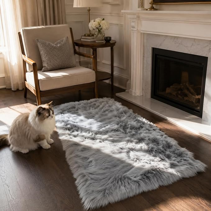 EasyJoy Faux Sheepskin Rug, Fluffy Faux Fur Rug, Ultra Soft Shag Area Rug with Non-Slip Backing for Bedroom, Living Room, Nursery, Kids Room(2 x 4 ft Rectangle, Frosted Bottom Gray)