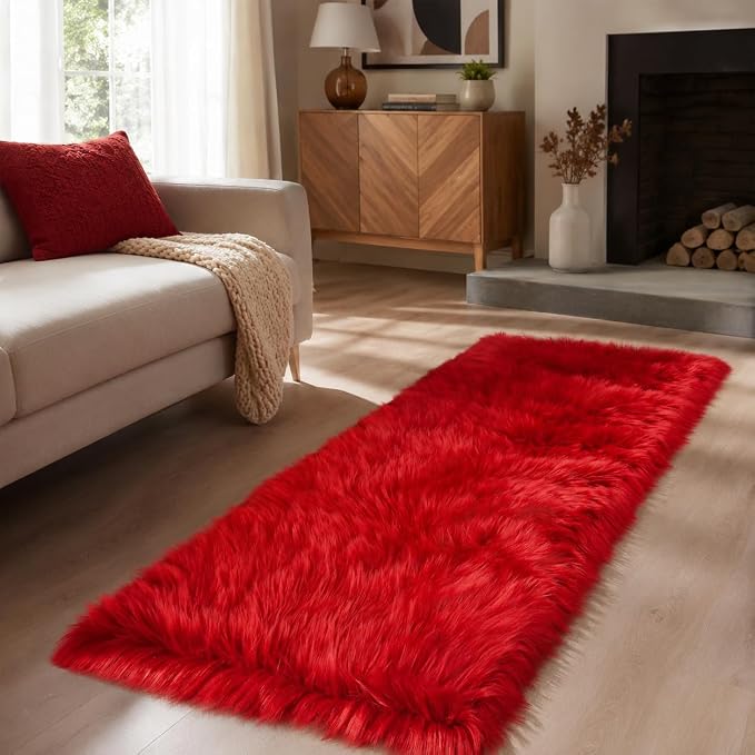 EasyJoy Ultra Soft Faux Fur Rug Fluffy Sheepskin Rug for Bedroom Living Room Sofa Bedside Floor(2x6 ft Rectangle, Red)