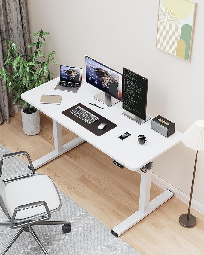 40" Electric Standing Desk Adjustable Height, Sit Stand up Desk for Home Office & Computer Workstation, 2 Memory Height Settings, Splice Board, 2 Hooks, White Frame/White Top