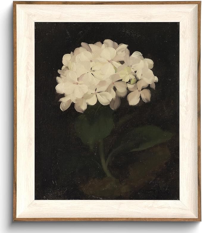 Framed Flower Wall Art, Vintage White Hydrangea Still Life Floral Art Prints, Moody Vintage Canvas Oil Painting, Antique Botanical Floral Wall Decor Pictures for Bedroom, Kitchen, Shelf, Bathroom Wall Decor - 10x12Inch
