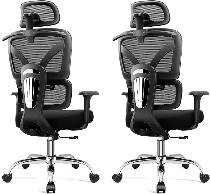 Ergonomic Desk Chair, Breathable Mesh Office Chair for Long Hours, 2 Pack | Adjustable Lumbar Support for Back Pain Relief, 4.33'' Thick Foam Cushion, 3D Headrest, Computer Chair for Home Office, Black