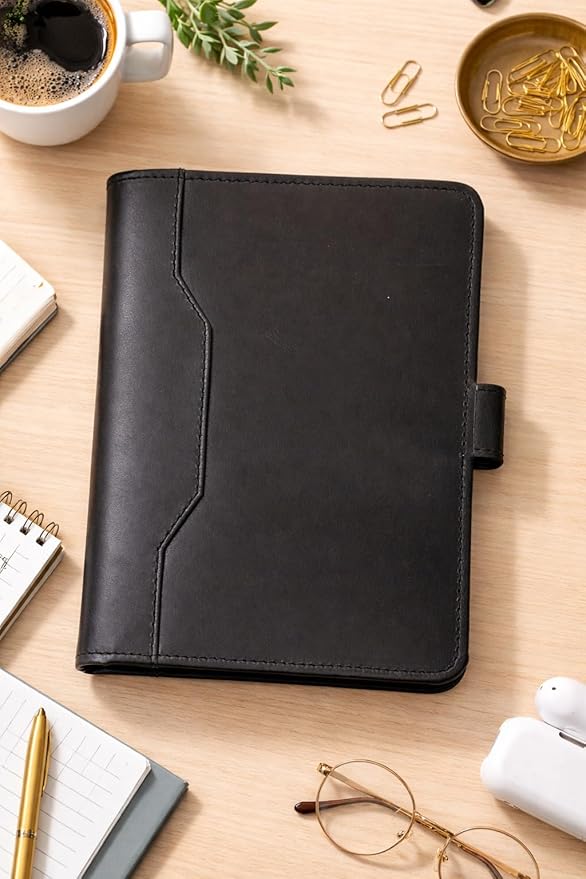 Leather Junior Padfolio 5x8, Small Bifold Business Portfolio Folder for Men & Women, Compact Legal Pad Holder with Pen Loop, Card Holder with Document Pocket, Interview Organizer (Black)
