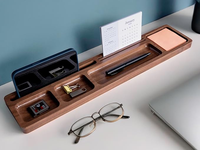 Walnut Wood Office Desk Tray Organizer, Multi-Compartment Storage Solution, Supply Organization Caddy, Tabletop Home Workspace