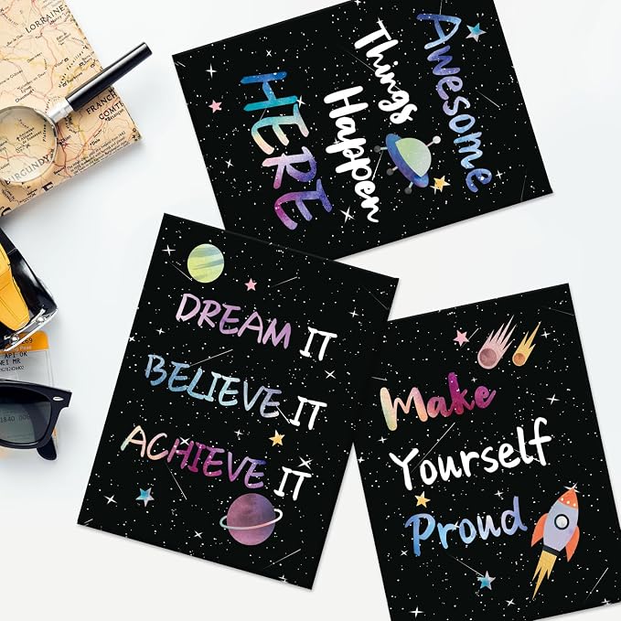 CHDITB Space Themed Canvas Wall Art, Galaxy Inspirational Quotes Decor, Outer Space Motivational Framed Poster, Astronaut Room Wall Art, Celestial Kids Bedroom Decoration, Cosmic Nursery Prints 8”X10”X6